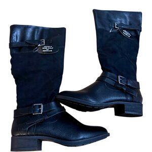 NWT Style and Company Black Faux Leather Suede Wide Calf Knee High Boots Buckle‎